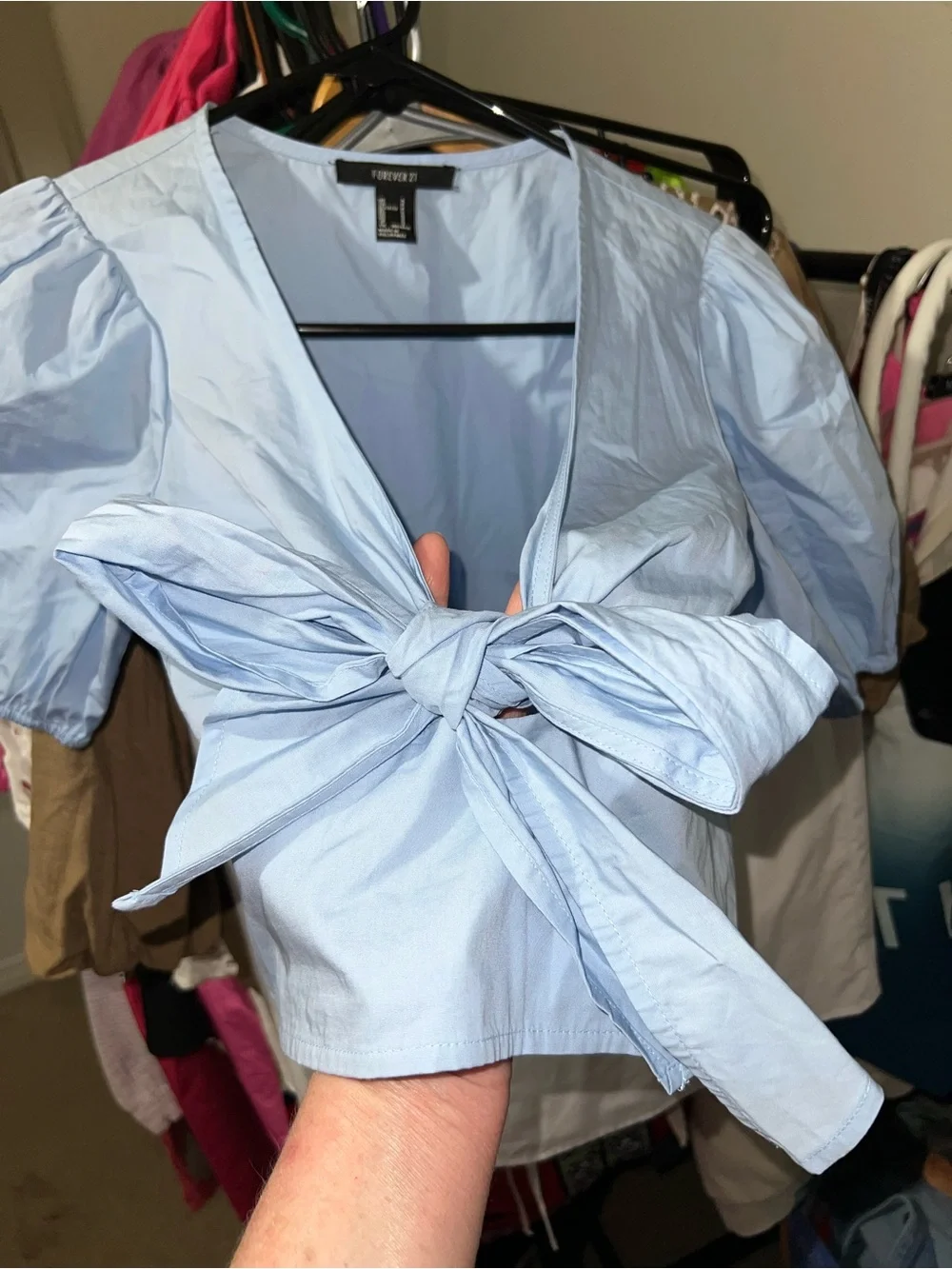 Forever 21 Poplin Light Blue Bow-Front Puff Sleeve Crop Top